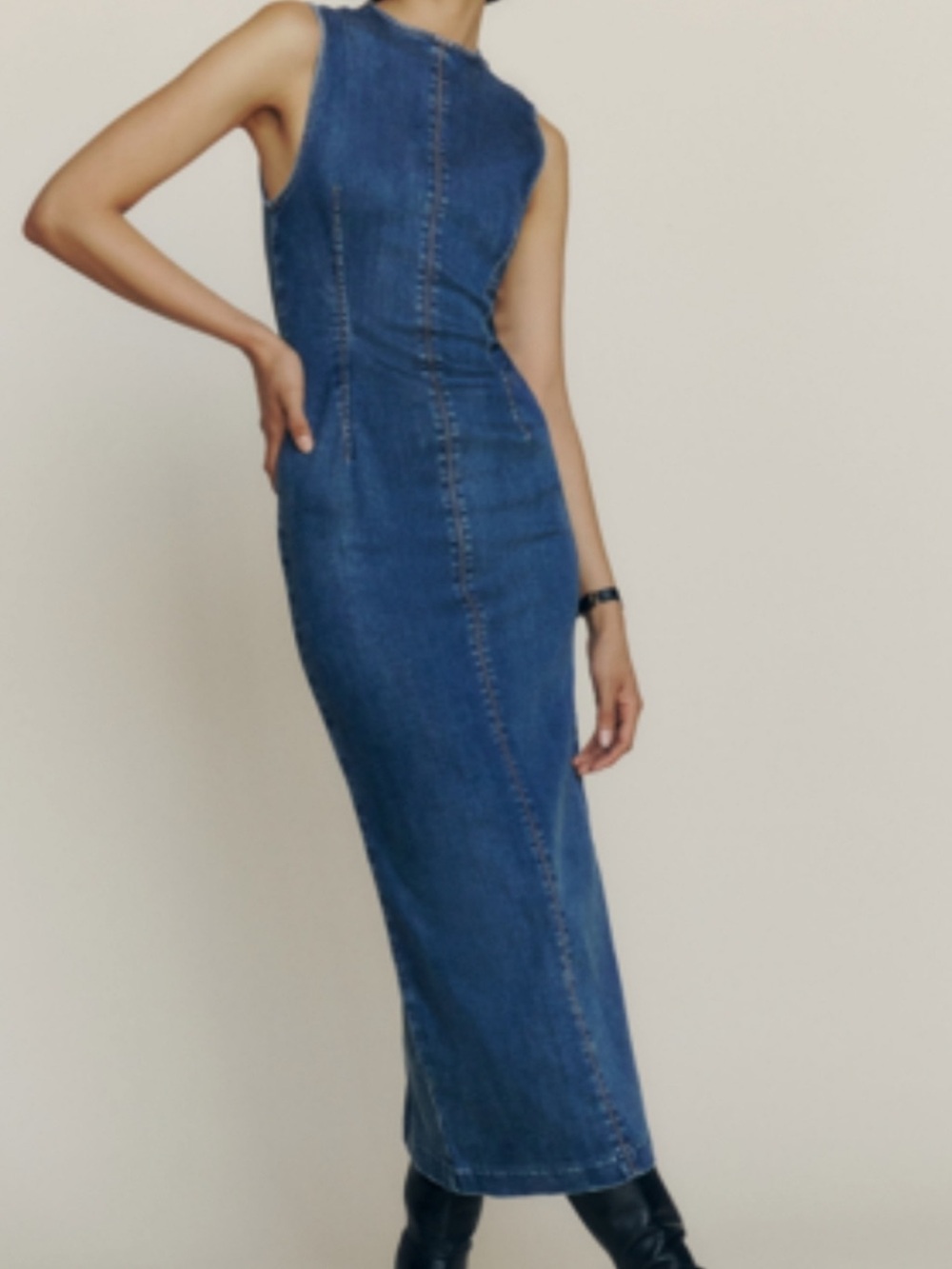 Reformation Kendi Denim Midi Dress Size 4 Sleeveless Column Dress - Picture 2 of 12